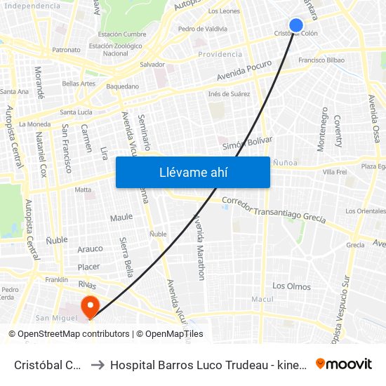 Cristóbal Colón to Hospital Barros Luco Trudeau - kinesiologia map