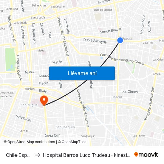 Chile-España to Hospital Barros Luco Trudeau - kinesiologia map