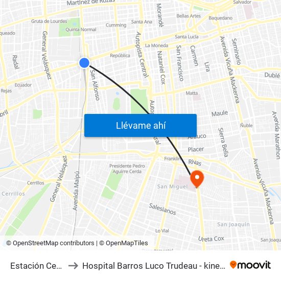 Estación Central to Hospital Barros Luco Trudeau - kinesiologia map