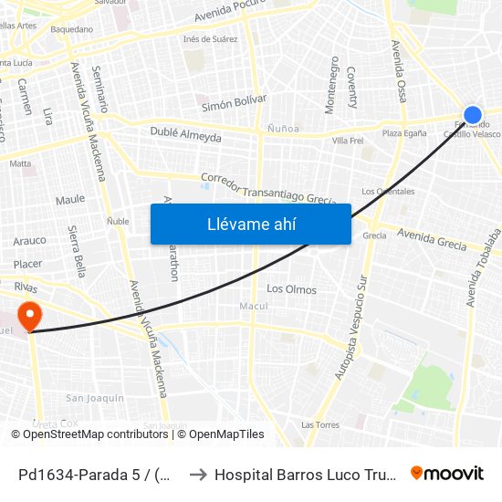 Pd1634-Parada 5 / (M) Fdo.Castillo V. to Hospital Barros Luco Trudeau - kinesiologia map