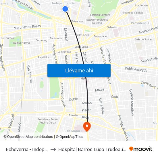 Echeverría - Independencia to Hospital Barros Luco Trudeau - kinesiologia map