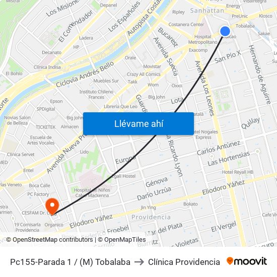 Pc155-Parada 1 / (M) Tobalaba to Clínica Providencia map