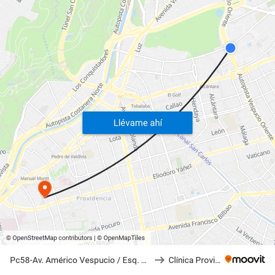 Pc58-Av. Américo Vespucio / Esq. Av. Pdte. Riesco to Clínica Providencia map