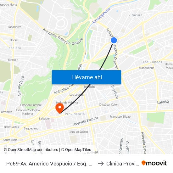 Pc69-Av. Américo Vespucio / Esq. Avenida Vitacura to Clínica Providencia map