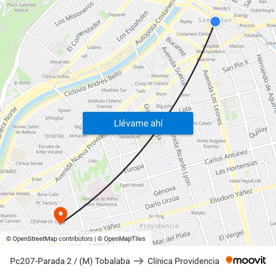 Pc207-Parada 2 / (M) Tobalaba to Clínica Providencia map