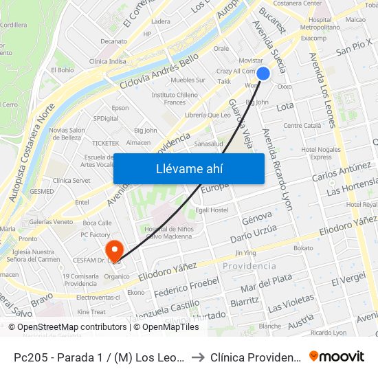 Pc205 - Parada 1 / (M) Los Leones to Clínica Providencia map