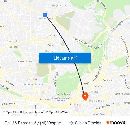 Pb126-Parada 13 / (M) Vespucio Norte to Clínica Providencia map