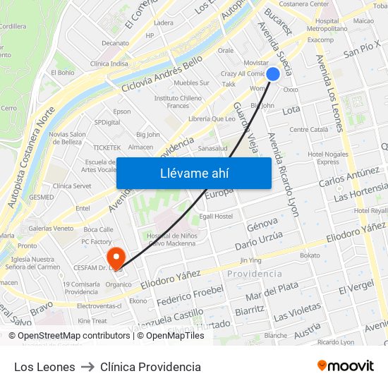 Los Leones to Clínica Providencia map