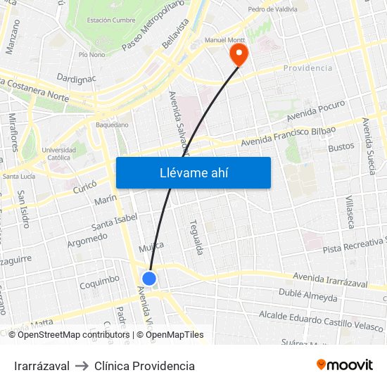 Irarrázaval to Clínica Providencia map