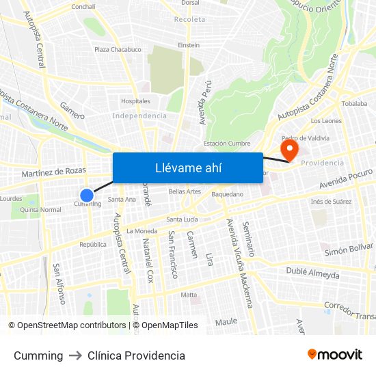 Cumming to Clínica Providencia map