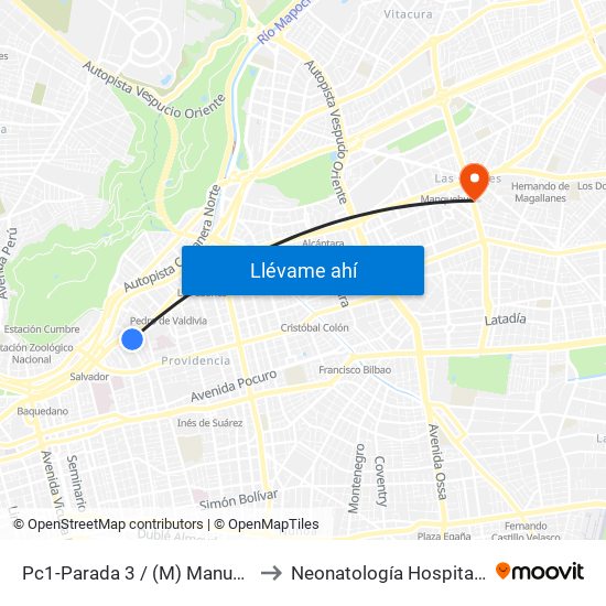 Pc1-Parada 3 / (M) Manuel Montt to Neonatología Hospital FACH map
