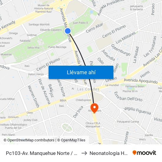 Pc103-Av. Manquehue Norte / Esq. Av. Pdte. Riesco to Neonatología Hospital FACH map