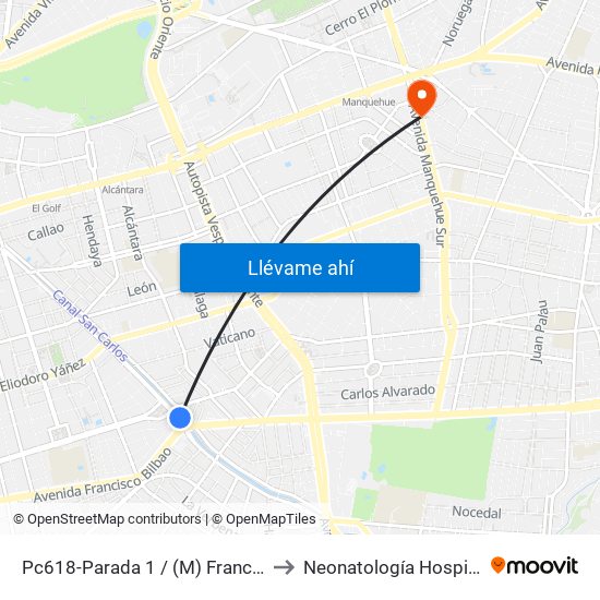 Pc618-Parada 1 / (M) Francisco Bilbao to Neonatología Hospital FACH map