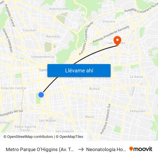 Metro Parque O'Higgins (Av. Tupper Esq. Av. Viel) to Neonatología Hospital FACH map