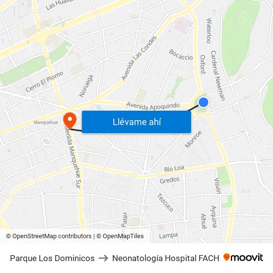 Parque Los Dominicos to Neonatología Hospital FACH map