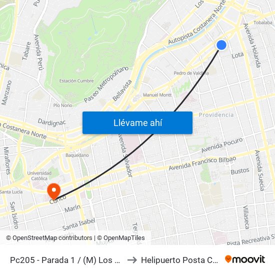 Pc205 - Parada 1 / (M) Los Leones to Helipuerto Posta Central map