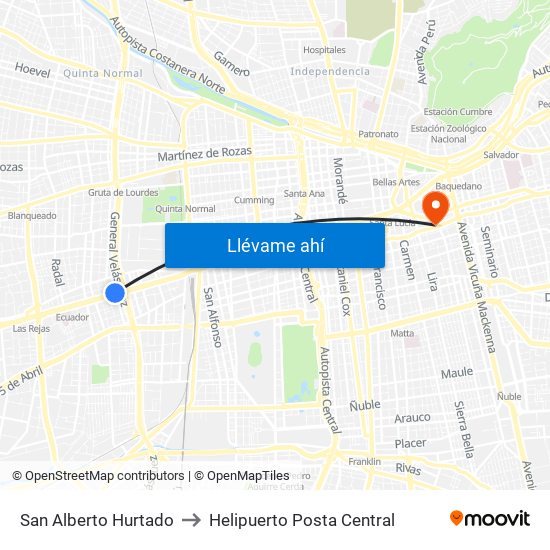 San Alberto Hurtado to Helipuerto Posta Central map