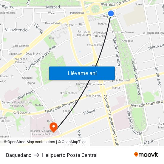 Baquedano to Helipuerto Posta Central map