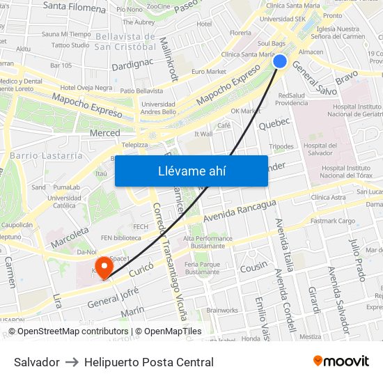 Salvador to Helipuerto Posta Central map