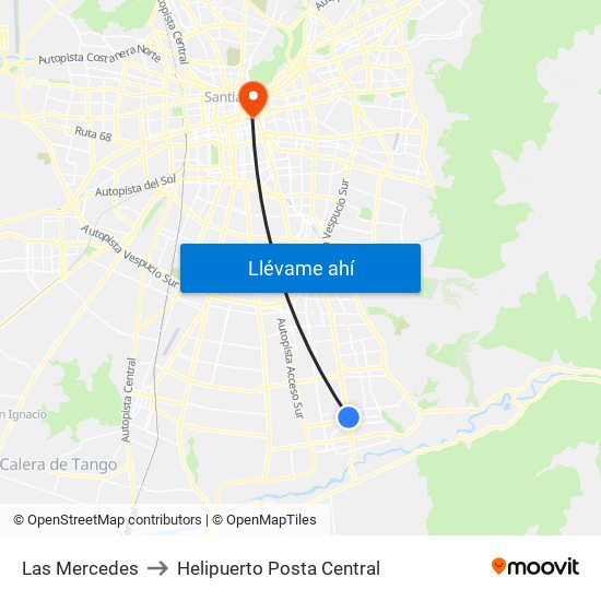 Las Mercedes to Helipuerto Posta Central map