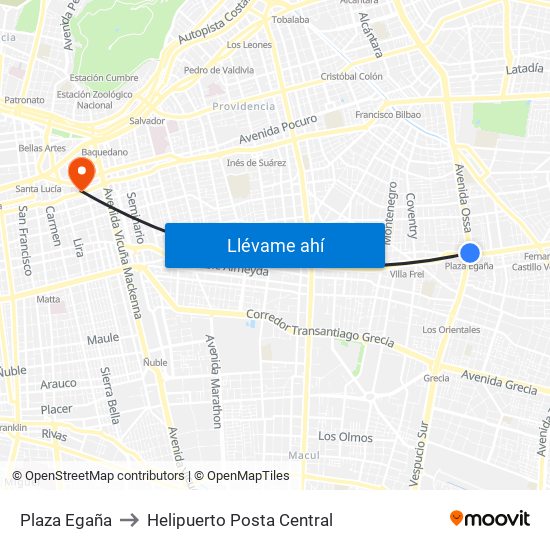Plaza Egaña to Helipuerto Posta Central map