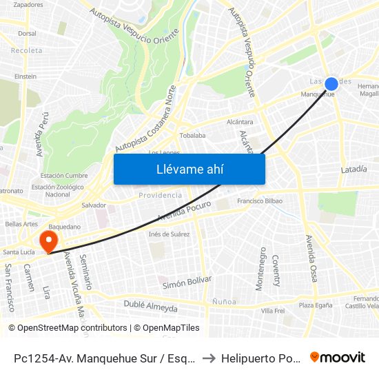 Pc1254-Av. Manquehue Sur / Esq. Avenida Apoquindo to Helipuerto Posta Central map