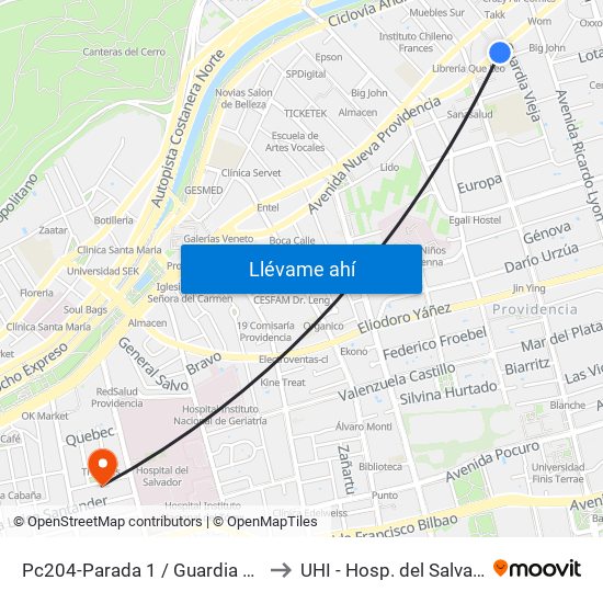 Pc204-Parada 1 / Guardia Vieja to UHI - Hosp. del Salvador map