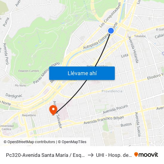 Pc320-Avenida Santa María / Esq. Puente Los Leones to UHI - Hosp. del Salvador map