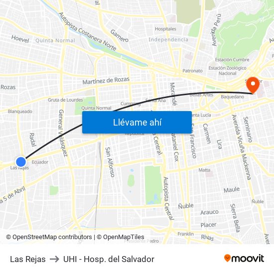 Las Rejas to UHI - Hosp. del Salvador map