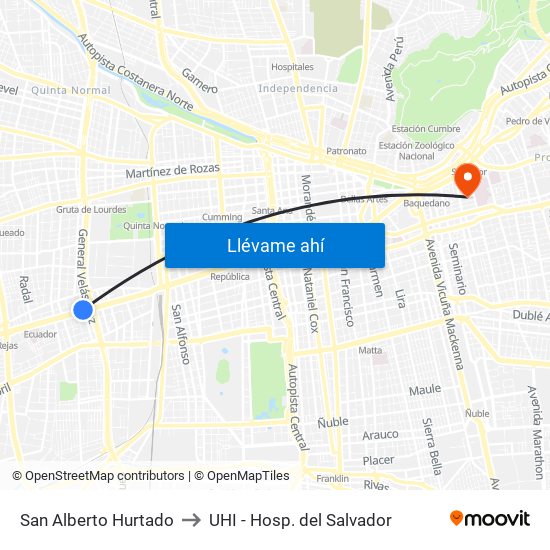 San Alberto Hurtado to UHI - Hosp. del Salvador map