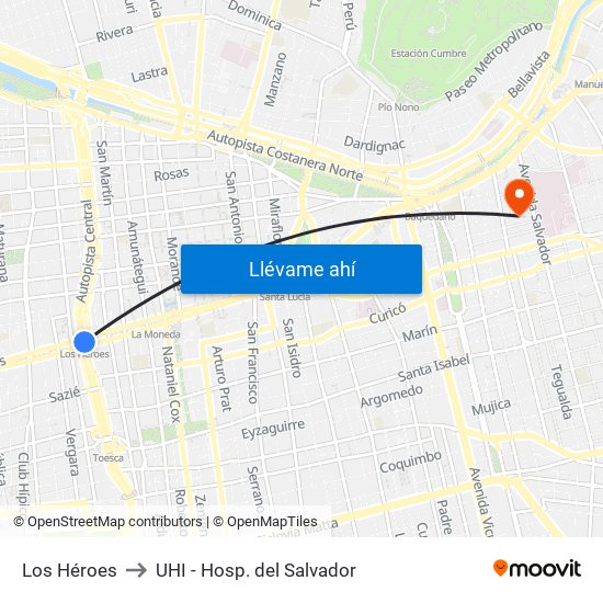 Los Héroes to UHI - Hosp. del Salvador map