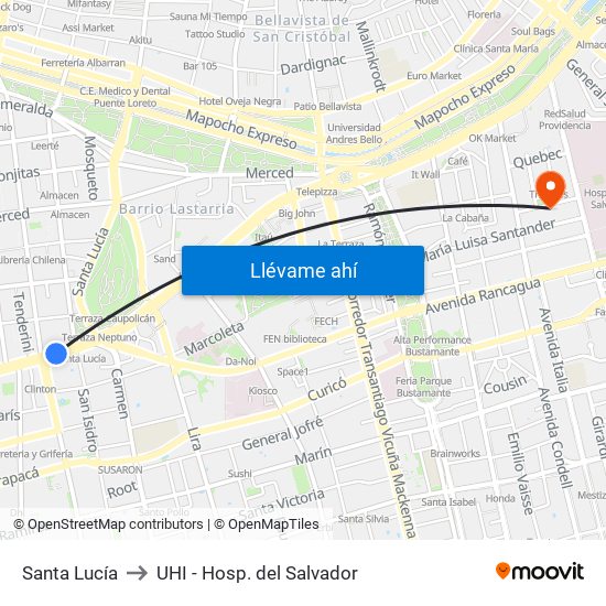 Santa Lucía to UHI - Hosp. del Salvador map