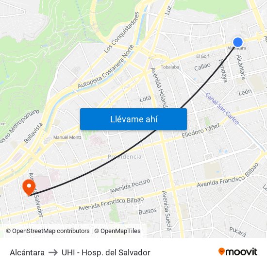 Alcántara to UHI - Hosp. del Salvador map