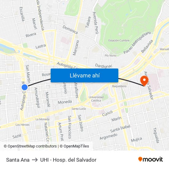 Santa Ana to UHI - Hosp. del Salvador map