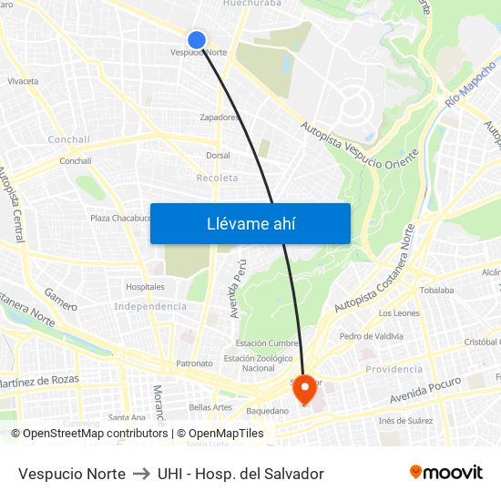 Vespucio Norte to UHI - Hosp. del Salvador map