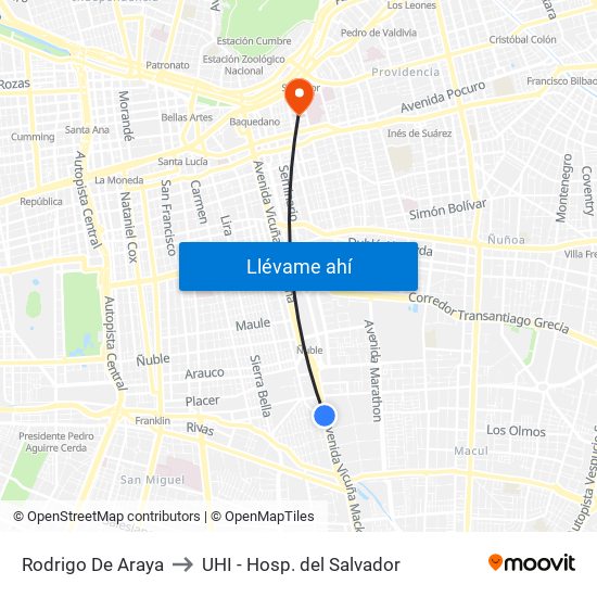 Rodrigo De Araya to UHI - Hosp. del Salvador map