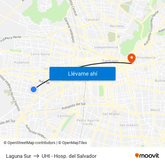 Laguna Sur to UHI - Hosp. del Salvador map