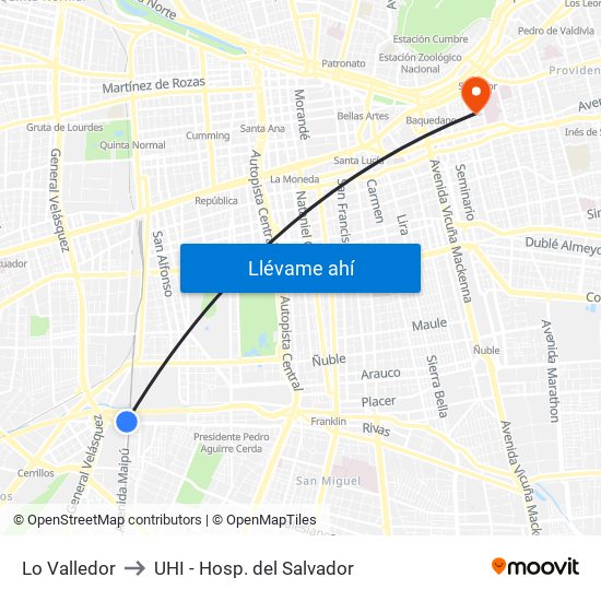 Lo Valledor to UHI - Hosp. del Salvador map