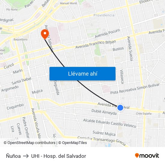 Ñuñoa to UHI - Hosp. del Salvador map