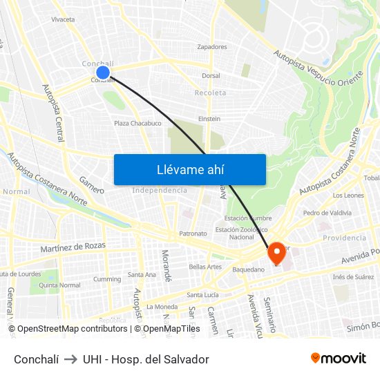 Conchalí to UHI - Hosp. del Salvador map