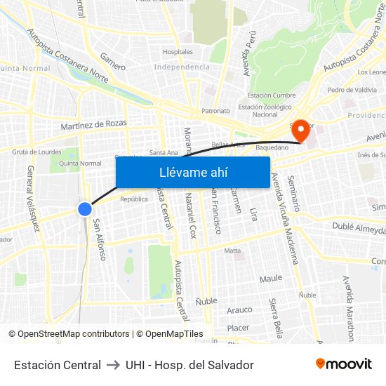 Estación Central to UHI - Hosp. del Salvador map