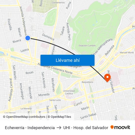 Echeverría - Independencia to UHI - Hosp. del Salvador map