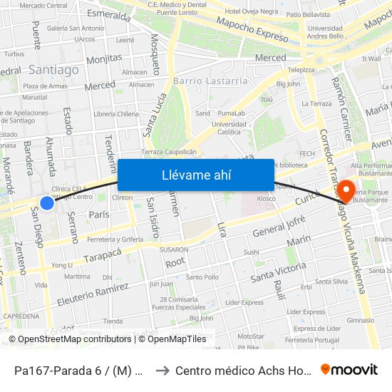 Pa167-Parada 6 / (M) Universidad De Chile to Centro médico Achs Hospital del trabajador map