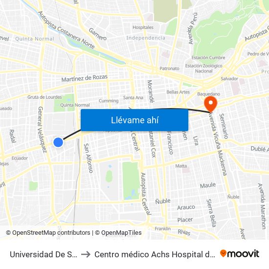 Universidad De Santiago to Centro médico Achs Hospital del trabajador map