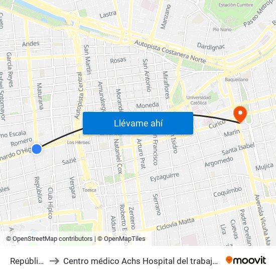 República to Centro médico Achs Hospital del trabajador map