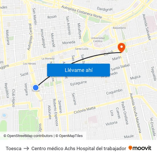 Toesca to Centro médico Achs Hospital del trabajador map