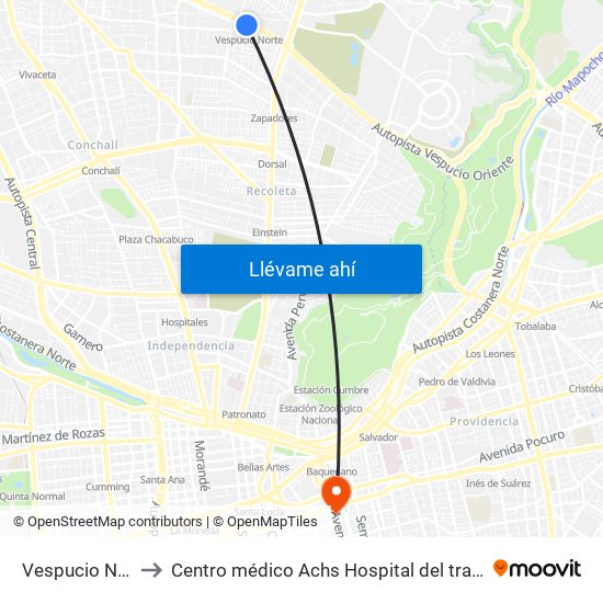 Vespucio Norte to Centro médico Achs Hospital del trabajador map