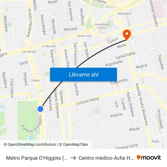 Metro Parque O'Higgins (Av. Tupper Esq. Av. Viel) to Centro médico Achs Hospital del trabajador map