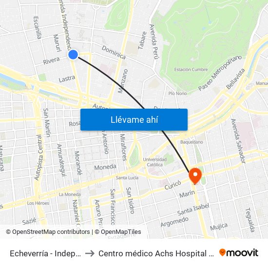Echeverría - Independencia to Centro médico Achs Hospital del trabajador map