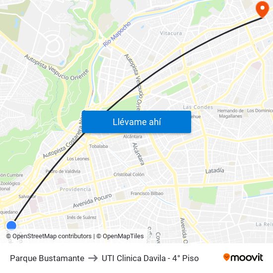 Parque Bustamante to UTI Clinica Davila - 4° Piso map